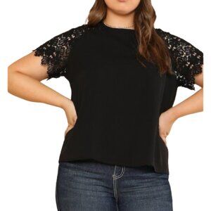 SHEIN Black Blouse Sheer Raglan Floral Lace Sleeves Mixed Media